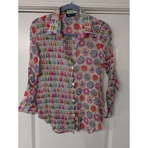 APNY Women XS Multi Color Button Down Shirt eclectic artsy lightweight sheer